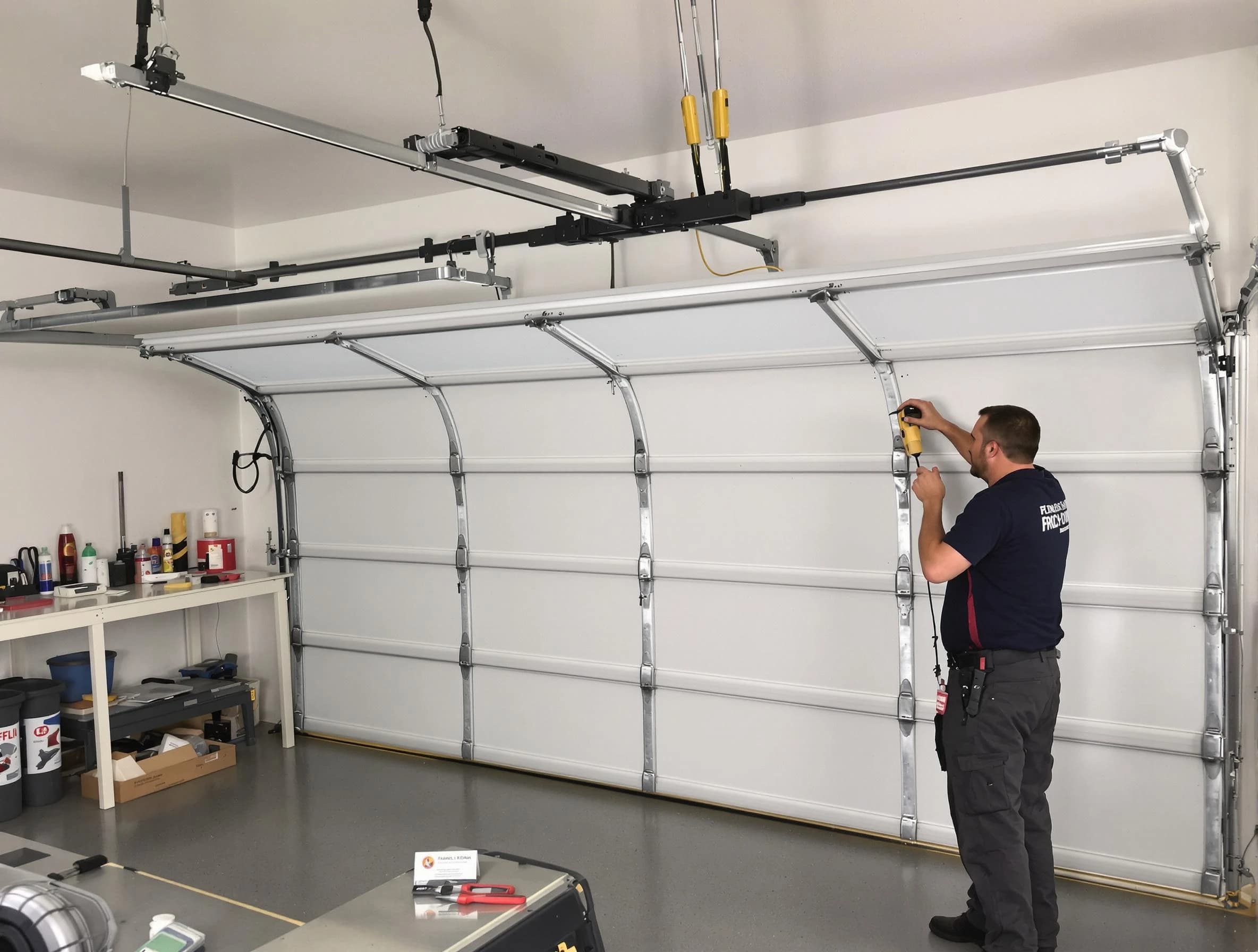 Corrales Garage Door Repair certified technician performing overhead door system repair in Corrales