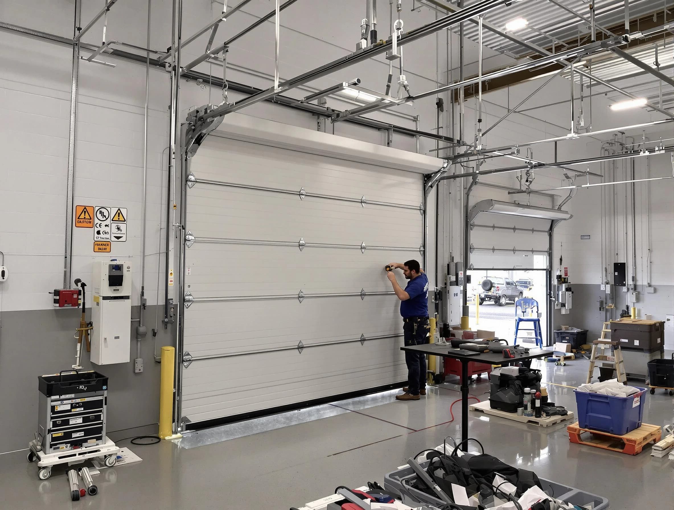 Commercial garage door repair being performed by Corrales Garage Door Repair expert in Corrales