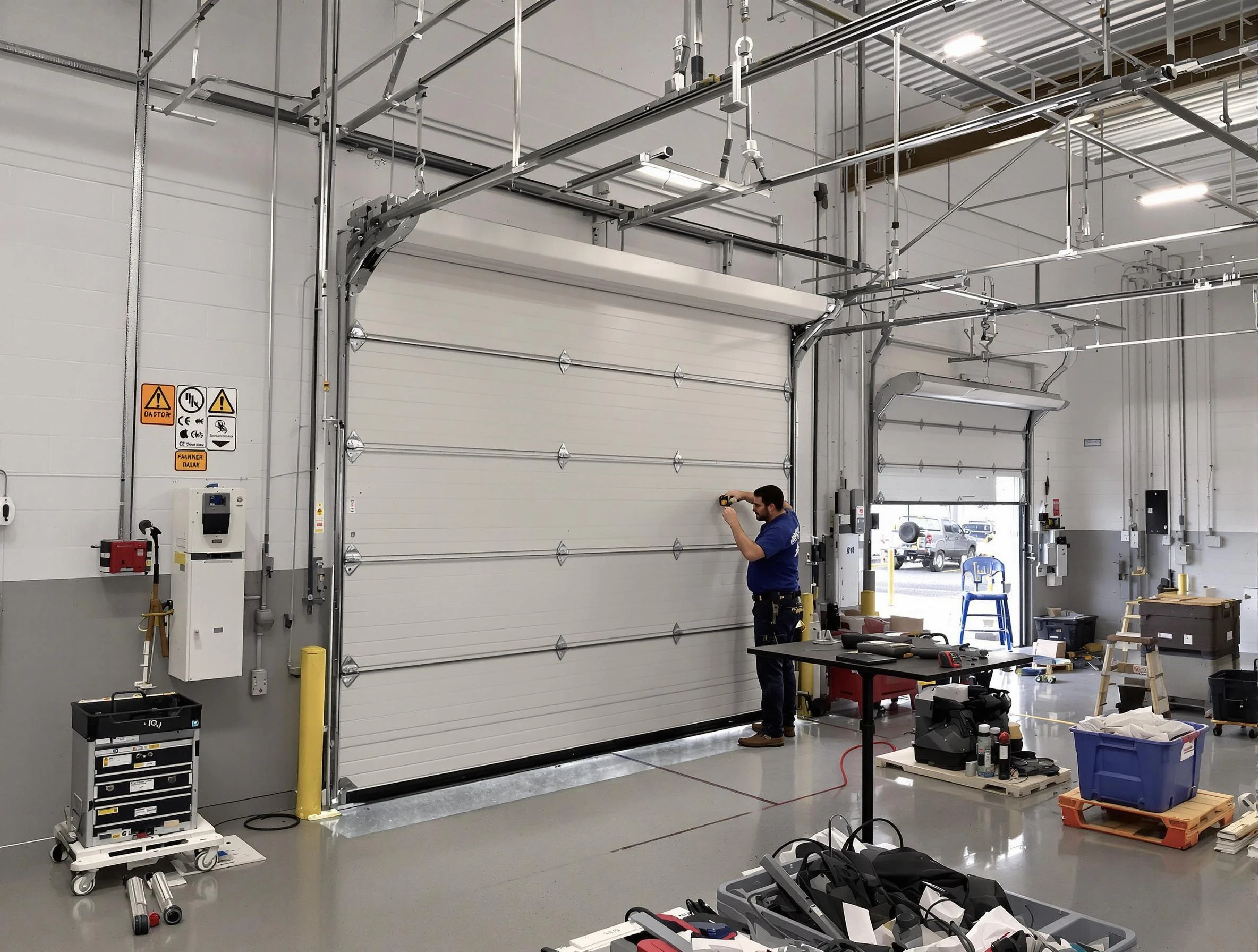 Commercial garage door repair being performed by Corrales Garage Door Repair expert in Corrales