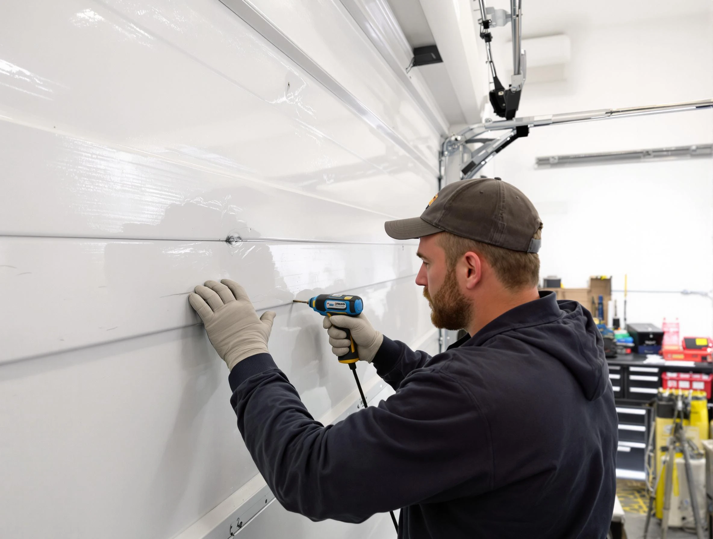 Corrales Garage Door Repair technician demonstrating precision dent removal techniques on a Corrales garage door