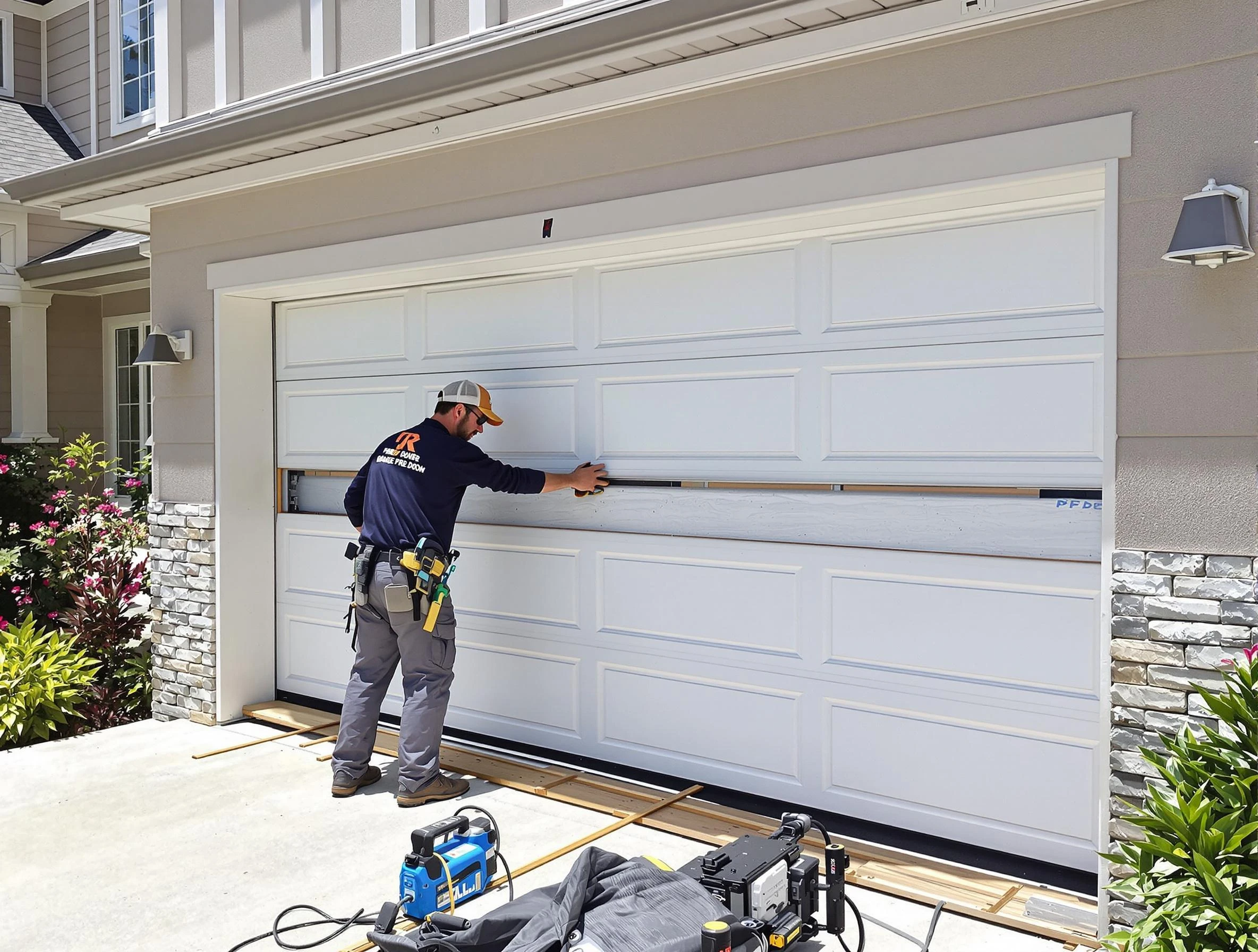 Corrales Garage Door Repair team performing complete garage door replacement at Corrales residence