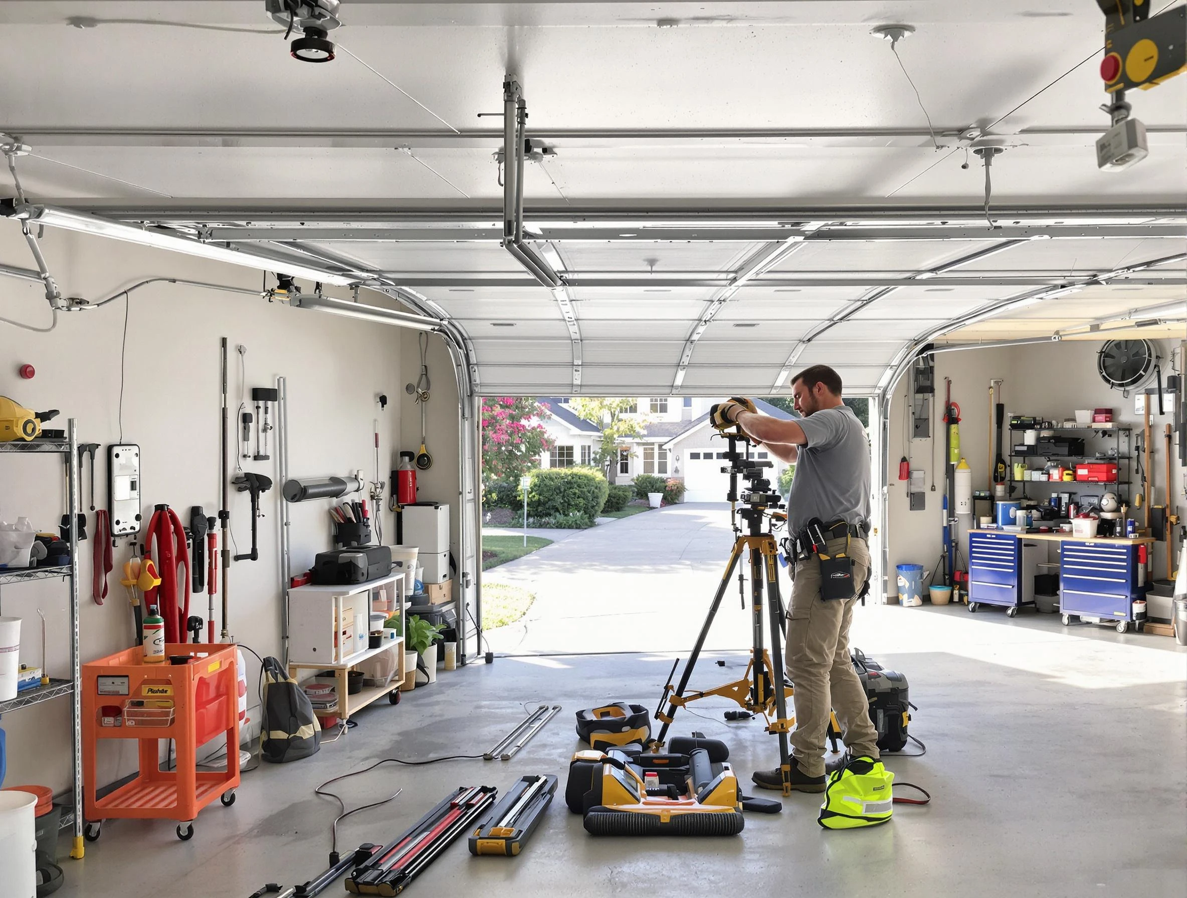 Corrales Garage Door Repair specialist performing laser-guided track alignment in Corrales